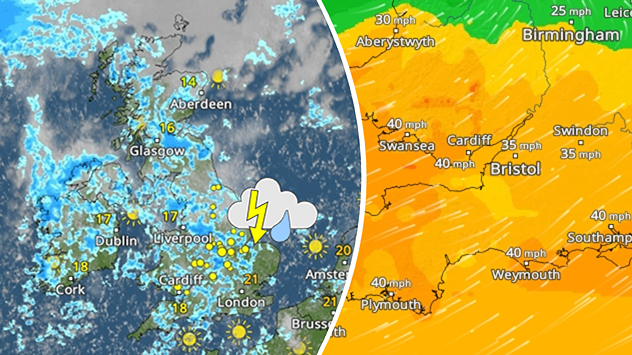 Split weather graphic showing thunderstorms and heavy showers across the UK and Ireland on the left, with gusts reaching 35–40 mph across southern England and Wales on the right.
