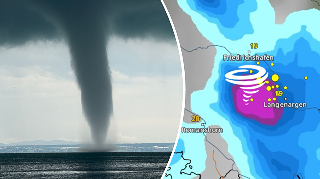 Links ein Bild von einer Wasserhose, rechts das WetterRadar