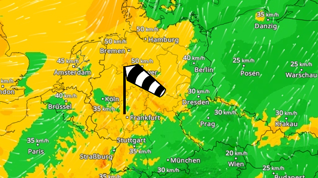 Wetterkarte von Mitteleuropa mit Windsack über Deutschland und Windgeschwindigkeiten bis etwa 50 km/h.