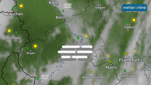 WetterRadar-Karte von Westdeutschland mit verbreitetem Nebel, besonders im Raum Koblenz.