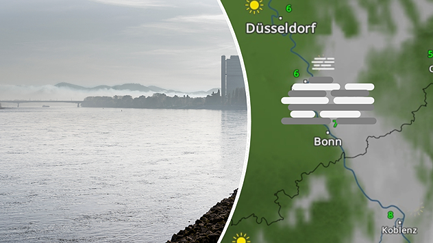 Geteilte Grafik: links neblige Flusslandschaft mit eingeschränkter Sicht, rechts eine WetterRadar-Karte mit Nebelsymbolen im Westen Deutschlands.