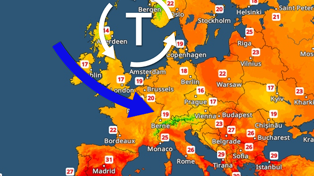 Temperature radar for Europe. A low-pressure system and a blue arrow are shown