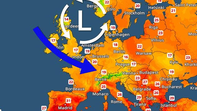 Temperature radar for Europe. A low-pressure system and a blue arrow are shown