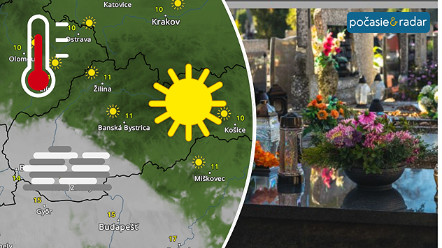 Rozdelený obrázok. Vľavo obrázok meteoradaru s hmlou nad západným Slovenskom. Vpravo iklustračný obrázok pomníka.