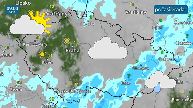 Meteoradar, screenshot, 14. 10. 9:00: Během noci na středu až středečního dopoledne nad Českem přechodně přibyde oblačnosti, kterou místy doprovodí slabý déšť. Ve středu se bude od západu opět postupně projasňovat.