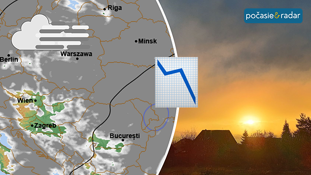 Rozdelený obrázok - vľavo snímka pokrytia oblakmi, vpravo zapadajúce slnko za oblaky typu Stratus. V ľavom hornom rohu je symbolom oblaku a hmly, v strede titulného obrázku klesajúca krivka naznačujúca ochladenie.