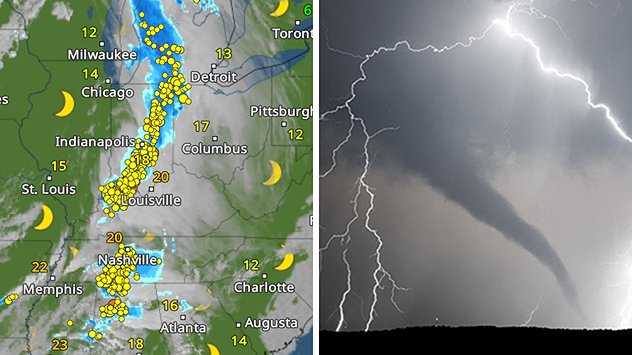 WetterRadar: Extreme Unwetterfront in den USA (rechts), Symbolbild Tornado und Blitze (rechts)