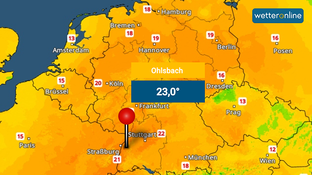 Wetterkarte von Deutschland Ende Februar mit 23 Grad in Ohlbach bei Stuttgart und ungewöhnlich milden Temperaturen landesweit.