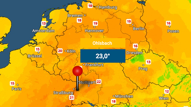 Wetterkarte von Deutschland Ende Februar mit 23 Grad in Ohlbach bei Stuttgart und ungewöhnlich milden Temperaturen landesweit.