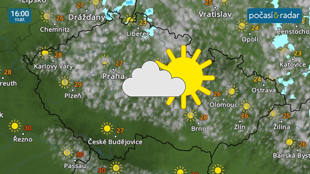 Meteoradar, screenshot, 11. 7. 16:00: V sobotu odpoledne bude v Česku převládat jasná až polojasná obloha. Slabé přeháňky se objeví jen výjimečně na severu a severovýchodě území, teploty se budou pohybovat kolem letních 27 °C.