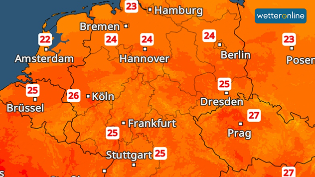 TemperaturRadar-Vorhersage für heute. Verbreitet gibt es 25 Grad.