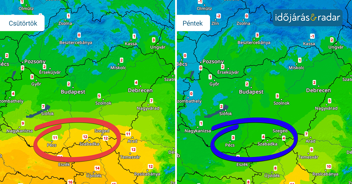 Hőmérsékleti térkép: csütörtök és péntek látható. délre csak pénteken esik vissza a hőmérséklet