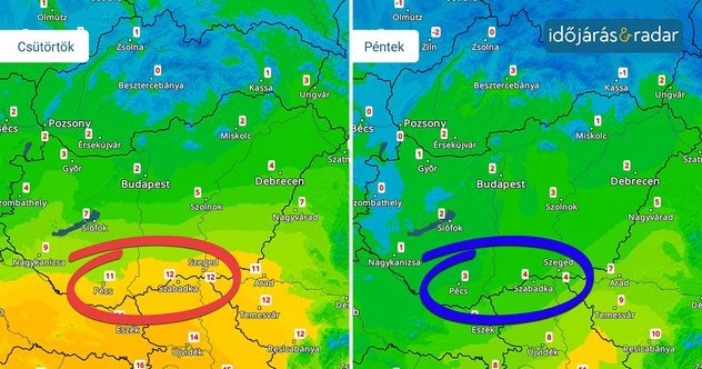 Hőmérsékleti térkép: csütörtök és péntek látható. délre csak pénteken esik vissza a hőmérséklet