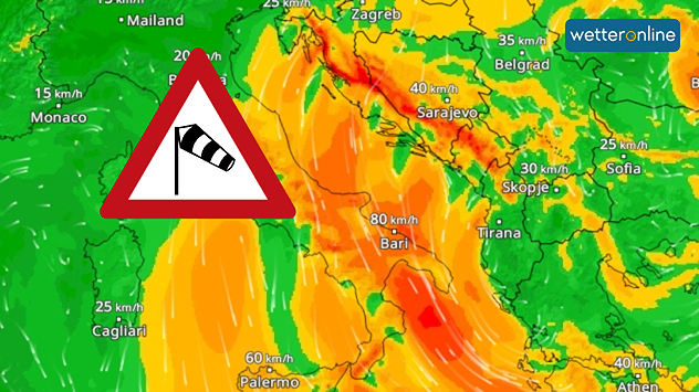 WindRadar zeigt starke Windfelder über Süditalien und dem Balkan mit Warnsymbol.