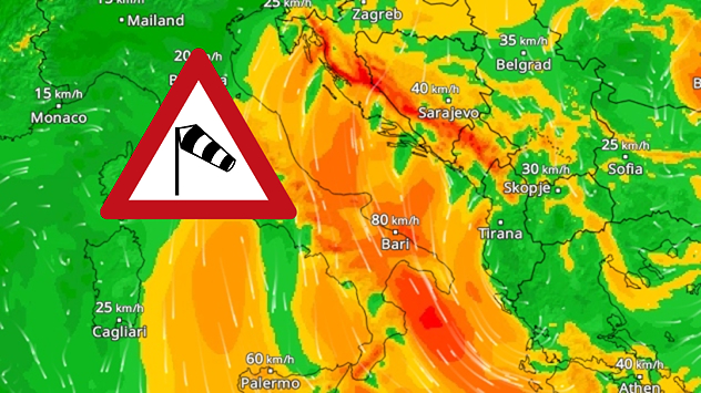 WindRadar zeigt starke Windfelder über Süditalien und dem Balkan mit Warnsymbol.