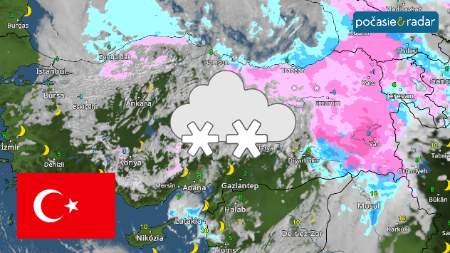 Mapa Turecka s výskytom sneženia a dažďa, najmä na východe krajiny, vyznačená aj turecká vlajka