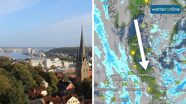 © foto-webcam.eu Webcam-Blick auf Flensburg mit blauem Himmel, daneben Wetterkarte mit einem sonnigen Abschnitt zwischen Regengebieten.