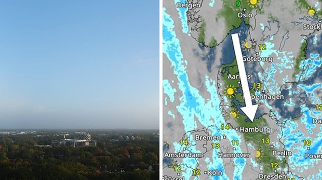 Webcam-Blick auf Hamburg mit blauem Himmel, daneben Wetterkarte mit einem sonnigen Abschnitt zwischen Regengebieten. (c) https://planetarium-hamburg.panomax.com/