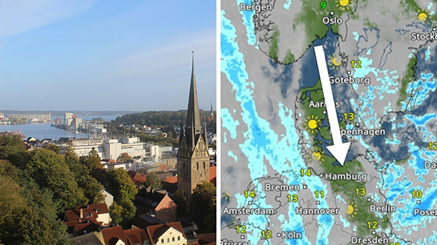 Webcam-Blick auf Flensburg mit blauem Himmel, daneben Wetterkarte mit einem sonnigen Abschnitt zwischen Regengebieten.