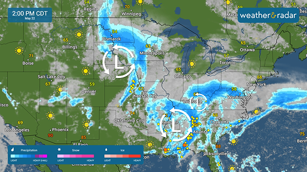Three low-pressure systems bringing heavy, even flooding, rains across the eastern two-thirds.