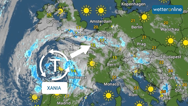 Über der Westküste Frankreichs liegt ein großes Tief mit dem Namen XANIA.