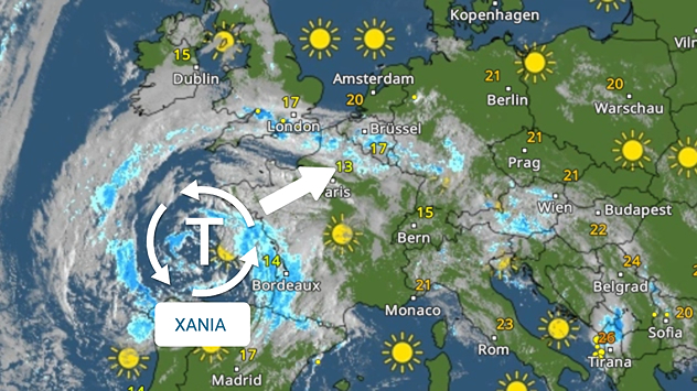 Über der Westküste Frankreichs liegt ein großes Tief mit dem Namen XANIA.