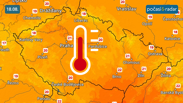 Předpověď maximálních denních teplot v Česku na úterý 18. srpna: Úterý bude v Česku relativně chladnější s maximálními teplotami jen kolem 21 °C.