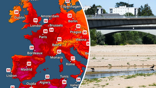 Split image showing a European heat map with temperatures reaching 39°C in France and Spain on the left, and a severely depleted river with exposed sandy banks beneath a bridge on the right.