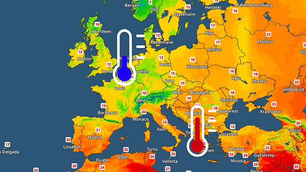 VejrRadar over Europa med markant temperaturkontrast mellem køligere vejr i vest og varme i sydøst.