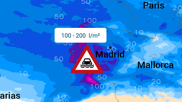 Mappa meteorologica con elevate precipitazioni sulla Spagna, localmente fino a 200 l/m².