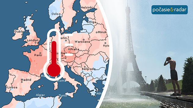 Mapa Európy s výrazným teplom nad západnou a strednou časťou kontinentu, doplnená fotografiou horúceho počasia pri Eiffelovej veži