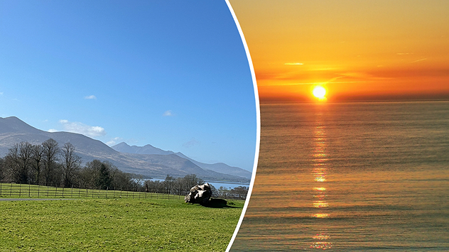 Split image showing a bright green countryside with mountains and a lake under a clear blue sky on the left, and a golden sunrise over calm ocean water on the right.