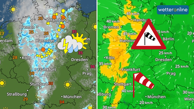 Links: Eine Wetterkarte zeigt kräftige Gewitter im Norden und der Mitte Deutschlands; Rechts: Von Nord nach Süd gibt es starken Wind.