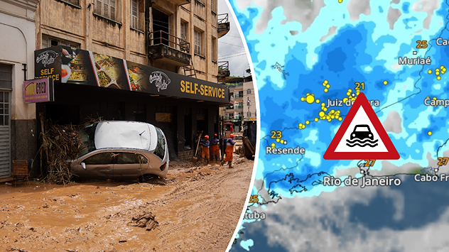 Links toont de foto een overstroomde straat en een omgevallen auto. Rechts is de weerradar voor Brazilië te zien.