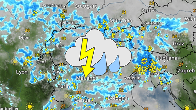 Weerkaart met regenbuien en onweer boven de Alpen, veel bliksemsymbolen boven Noord-Italië, Zuid-Oostenrijk en Slovenië, temperaturen meestal tussen 19 en 24 °C.