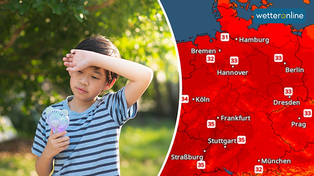 Links ein Junge mit einem kleinen Ventilator, rechts das TemperaturRadar, dass Hitze in Deutschland zeigt.