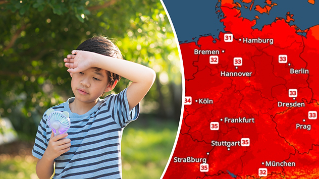 Links ein Junge mit einem kleinen Ventilator, rechts das TemperaturRadar, dass Hitze in Deutschland zeigt.