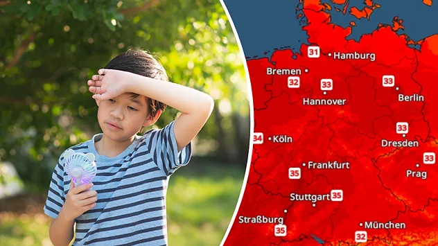 Links ein Junge mit einem kleinen Ventilator, rechts das TemperaturRadar, dass Hitze in Deutschland zeigt.