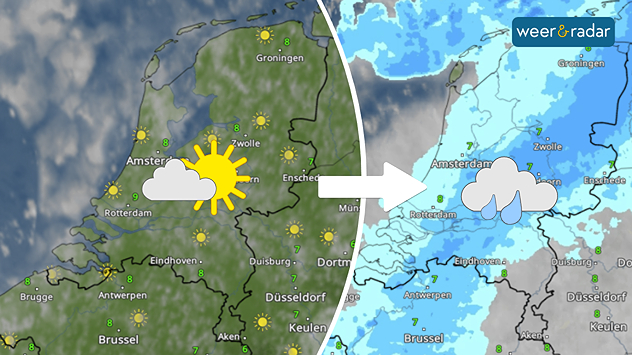 De WeerRadar links toont zon en wolken, dit symbool is ingetekend. De WeerRadar rechts toont een gebied met regen. Dit symbool is ingetekend.