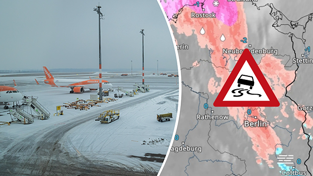 Das Bild zeigt links ein Flugzeug auf dem Flughafen Berlin bei Winterwetter, rechts Eisregen im WetterRadar.