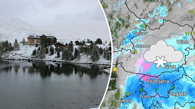 Das Bild zeigt links eine verschneite Berglandschaft mit einem See im Vordergrund â offenbar in den Alpen. Mehrere HÃ¼tten liegen am Ufer, und die HÃ¤nge sind frisch mit Schnee bedeckt. Rechts ist eine Wetterkarte zu sehen, die einen krÃ¤ftigen Schneefall im Bereich von SÃ¼dÃ¶sterreich (rund um Graz) sowie im Norden Sloweniens zeigt. (c) https://www.foto-webcam.eu/webcam/heidi-hotel/