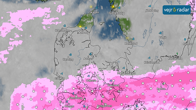 Vejrradar over Danmark med sne og vinterlig nedbør i Sønderjylland, på Fyn og Sjælland.