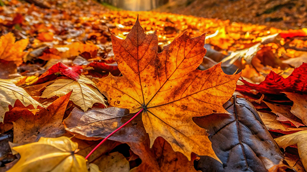 Suello lleno de hojas naranjas, típicas del otoño.