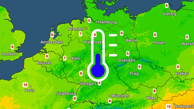 Wetterkarte mit Temperaturen zwischen 5 und 8 Grad über Deutschland, wärmer im Südwesten Europas.