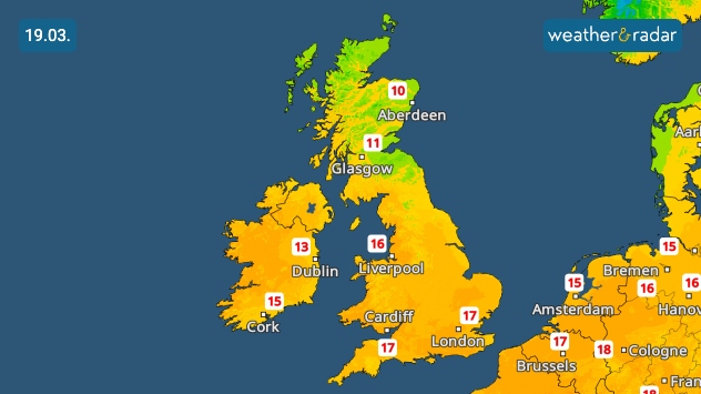 UK and Ireland temperature map for 19 March showing highs around 17 °C in England and Wales, 15 °C in Ireland, and around 10–11 °C in northern Scotland.