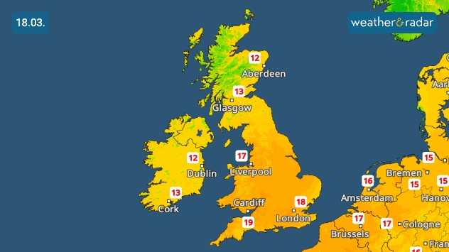 Temperature map for 18 March showing slightly warmer conditions across the UK, with highs near 17 °C in England and around 12–13 °C in Scotland and Ireland.