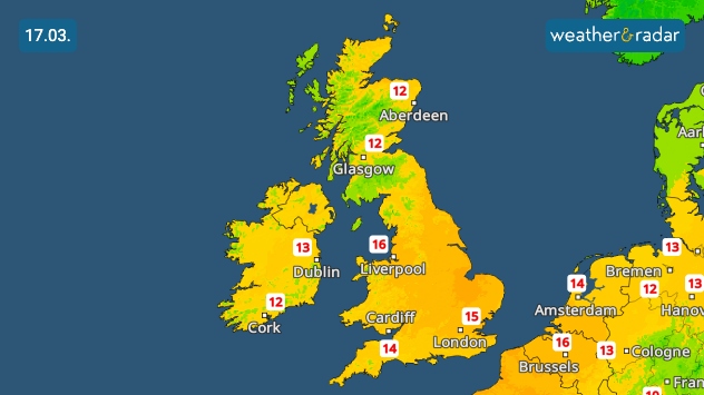 UK and Ireland temperature map for 17 March showing highs around 12 °C in Scotland, 13 °C in Ireland, and up to 16 °C in parts of England.