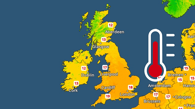 UK and Ireland temperature map showing highs around 19 °C in London, 18 °C in Cardiff, 17 °C in Liverpool, 13 °C in Glasgow and 12 °C in Aberdeen, with a red thermometer icon highlighting warm conditions.