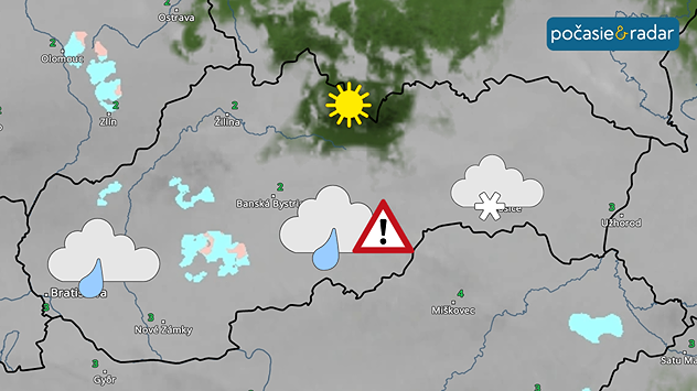Meteo mapa zobrazuje Slovensko pod inverznou oblačnosťou, na západe je symbol mráčika s kvapkou, na strede obláčik s kvapkou a výkričníkom (mrznúci dážď), na východe mráčik so slabým snežením.