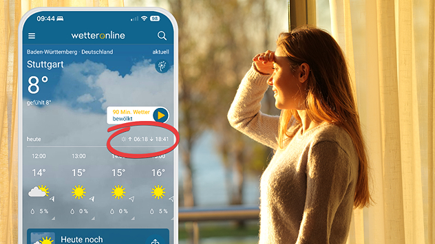 Links: Die WetterOnline App mit den Zeiten für Sonnenauf- und -untergang. Rechts: Eine Frau schaut bei Sonnenaufgang aus dem Fenster.